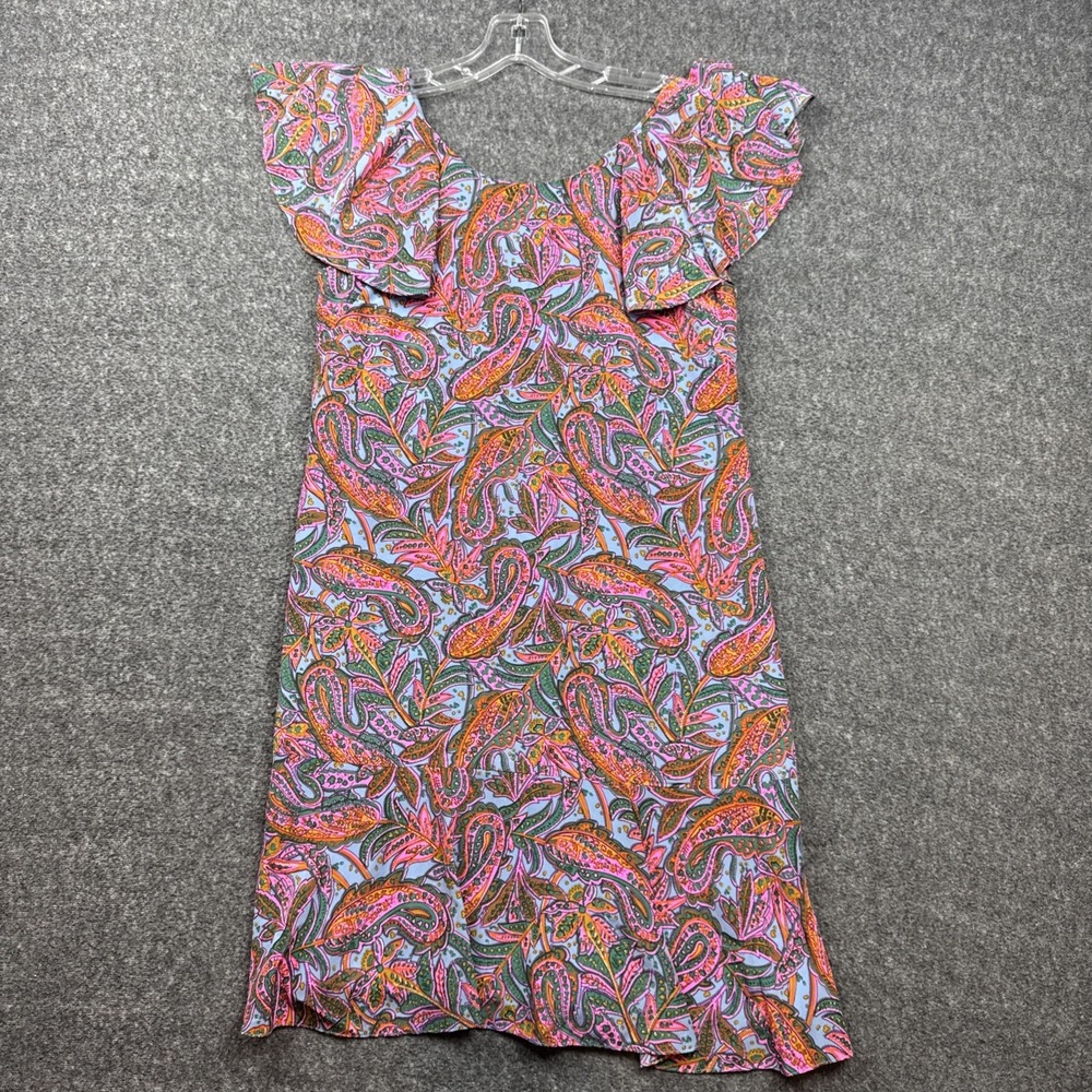 J Crew Dress Size 2 Womens Pink Blue Silk Smocked Waist Sleeveless Paisley Print
